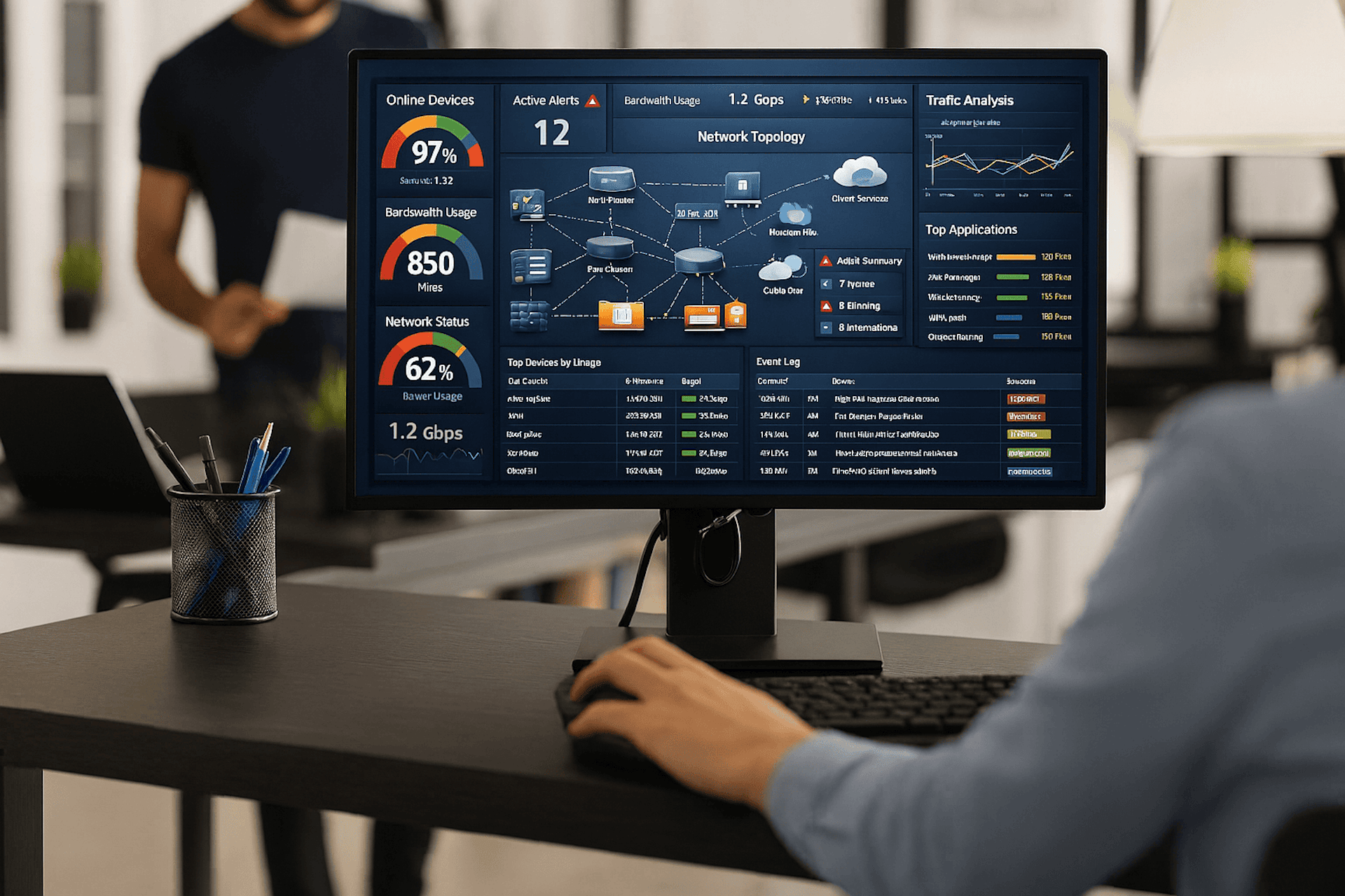 Network monitoring dashboard showing business internet performance and managed wifi services analytics