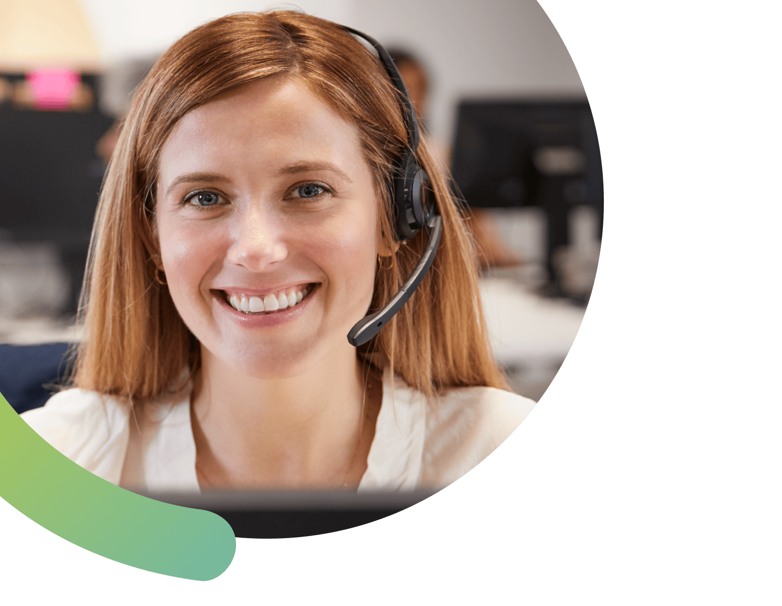 Call centre staff wearing headset using hosted phone system and voip phone systems for business communication