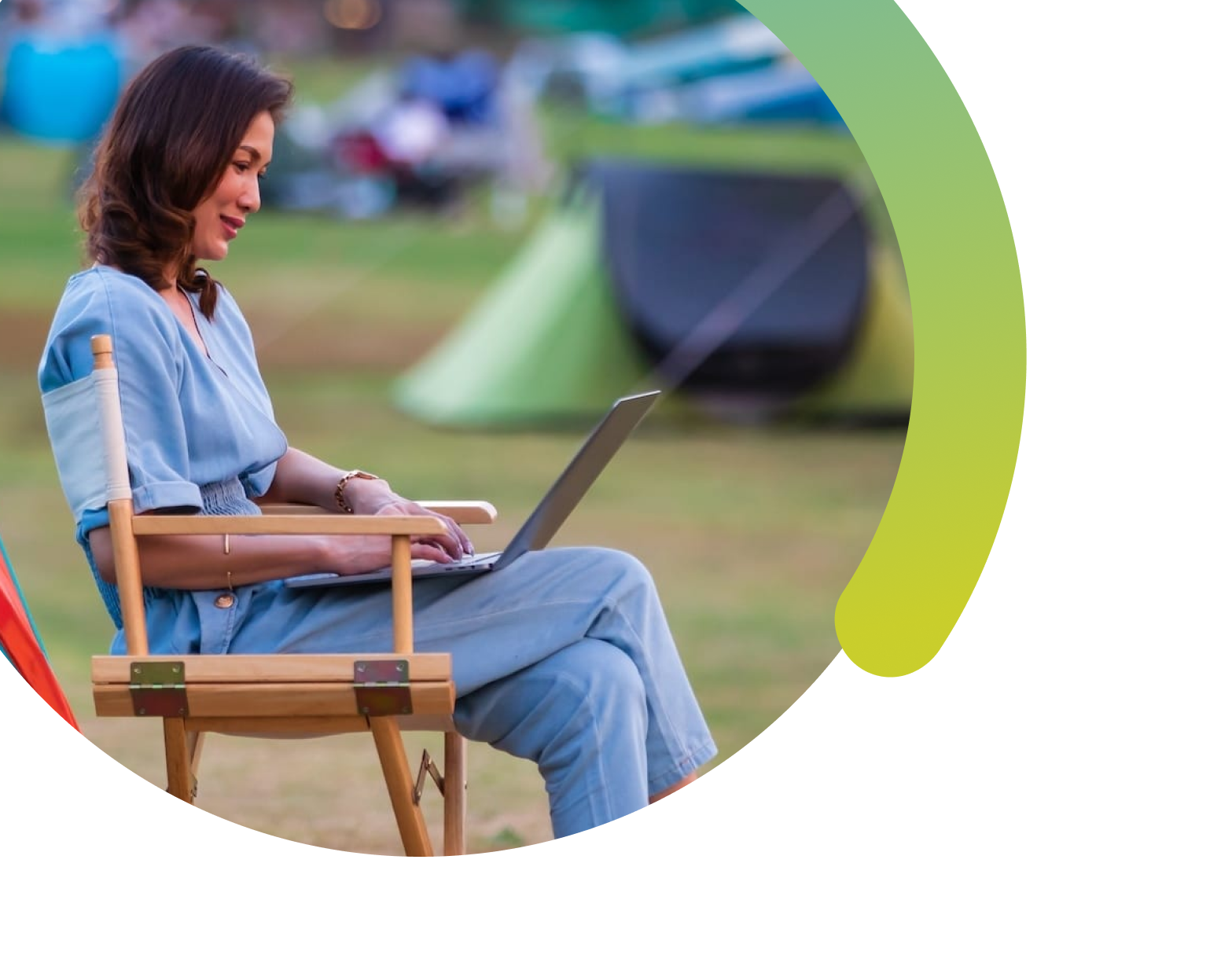 Woman working remotely at campsite representing guest wifi solutions, captive portal wifi and business internet provider services